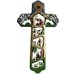 Christmas nativity wall cross with Bethlehem Jesus, Mary, Joseph, angels.